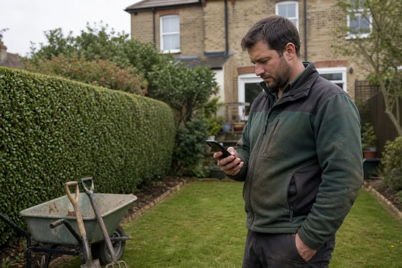 A British gardener checking his phone after completing a garden maintenance visit