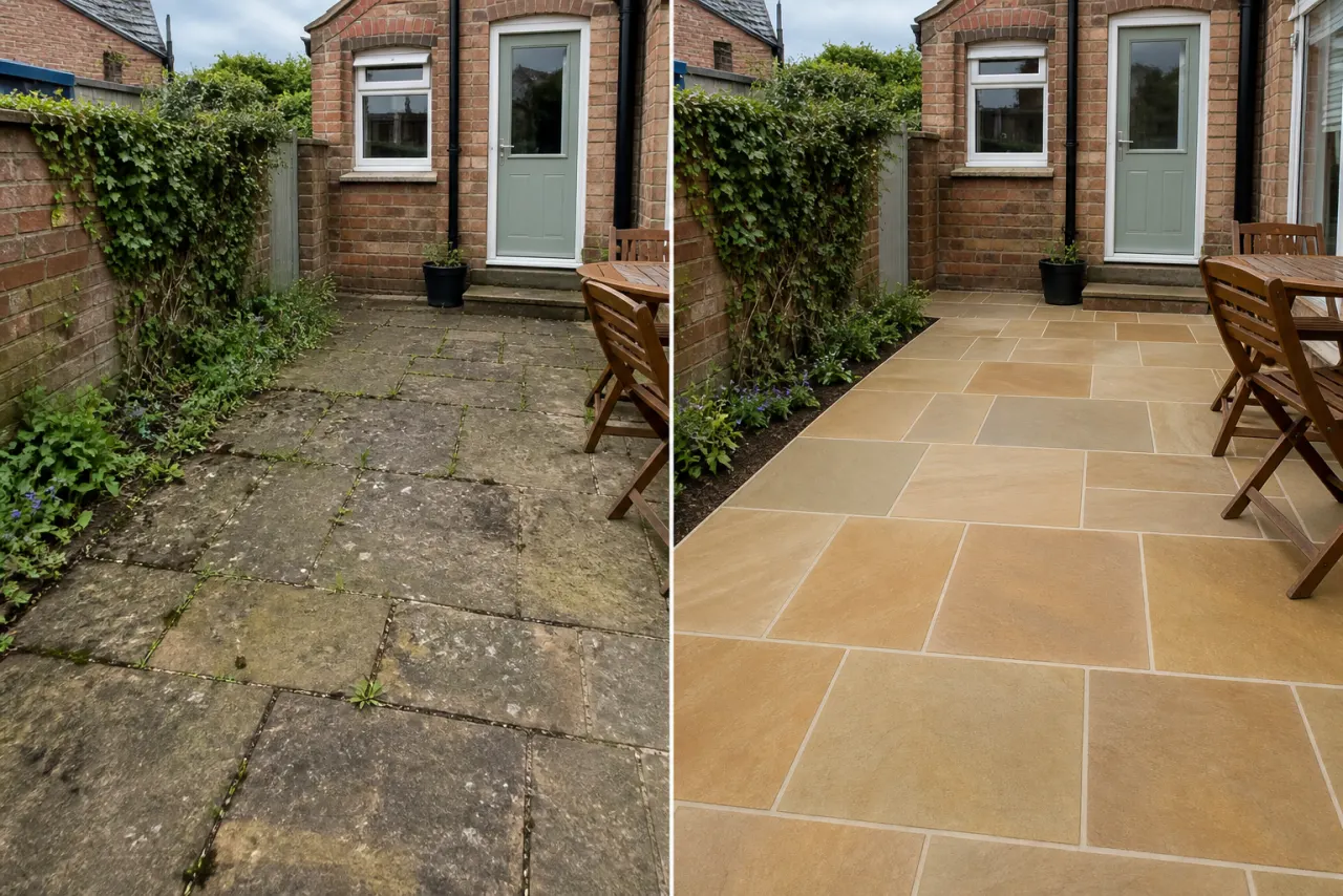 The same British garden patio before and after it was professionally relaid